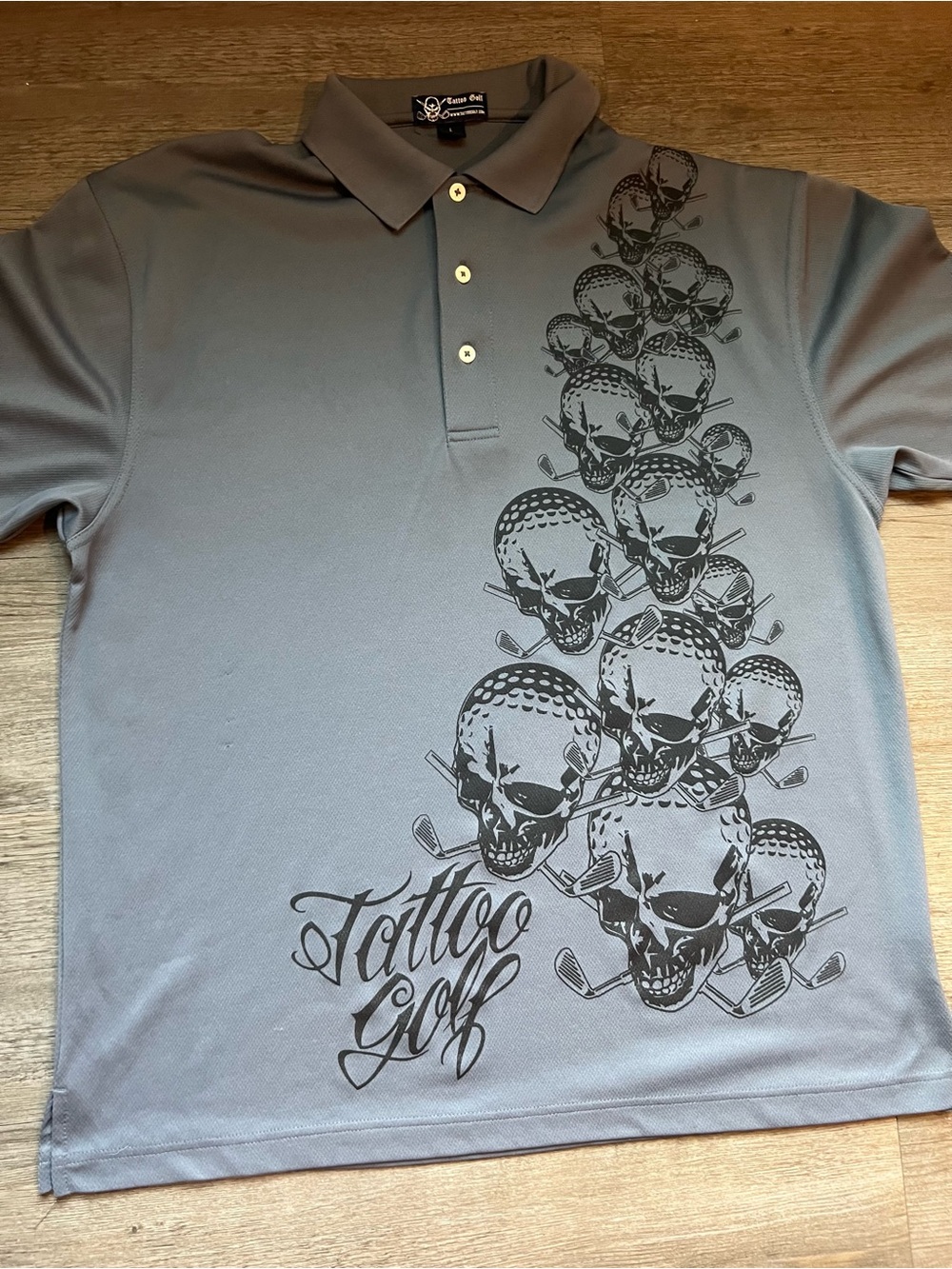 Men's Gray Skull-Print Tattoo Polo Shirt